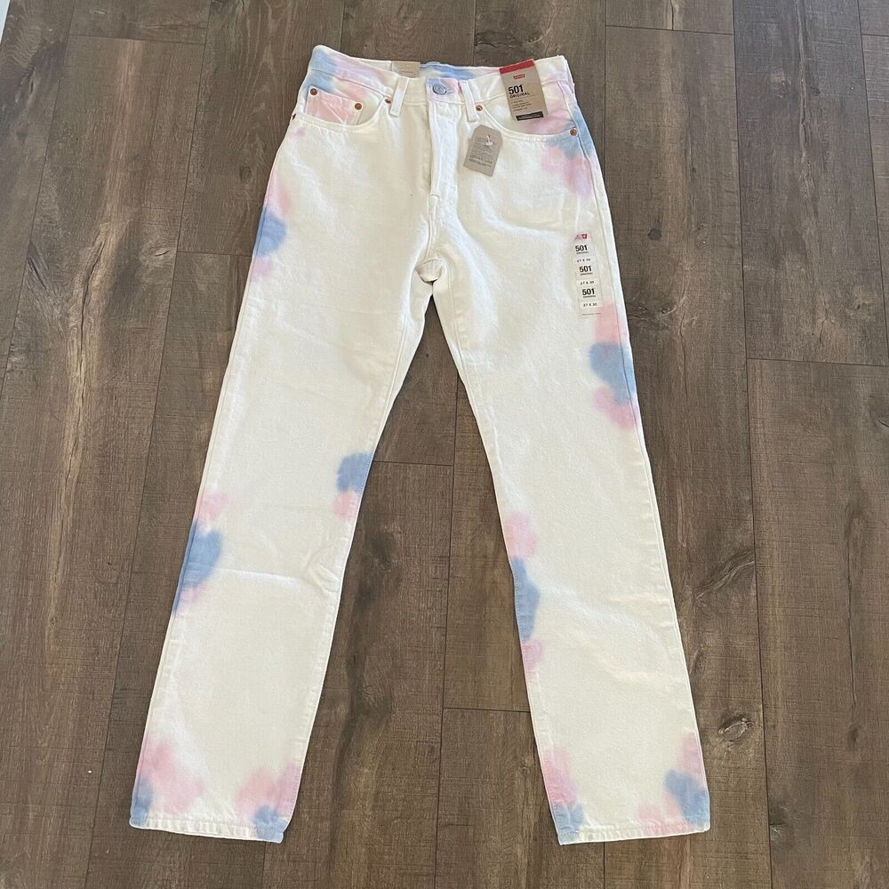 NWT Levi's 501 Jeans Denim Y2K Women Size 27x30 White Tie‎ Dye Denim Button Fly